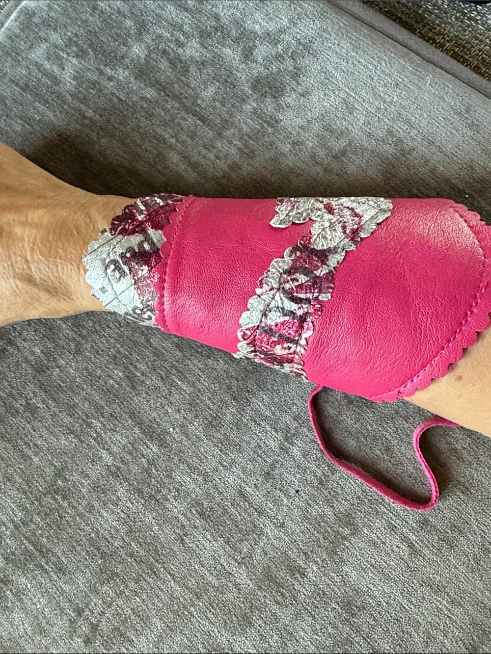 Pink Leather Wrist Cuff Glove with Silver Floral Accent